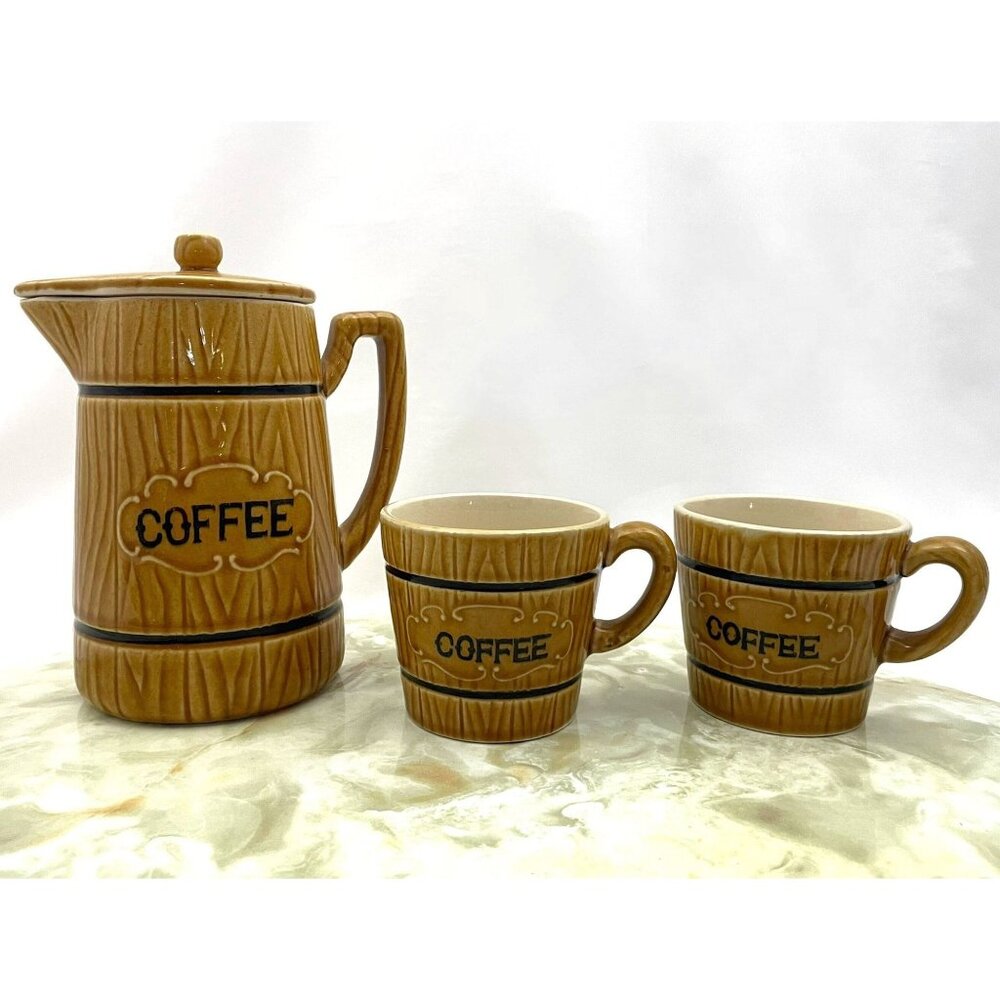 Vintage 60s coffee set, coffee pot & 2 cups, faux wood grain, Royal Sealy Japan